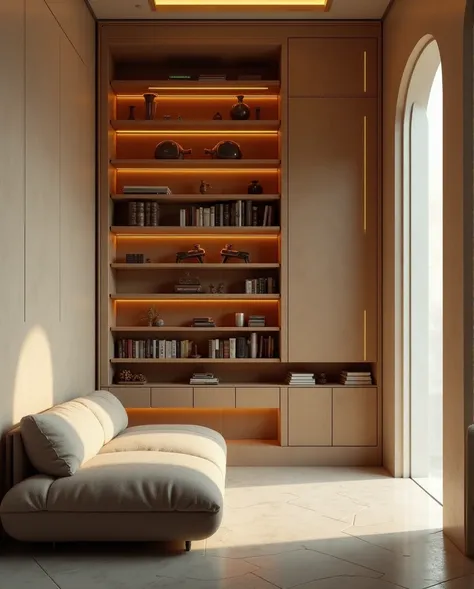 create a room with a large tall bookcase with closed and open parts containing a cellar. Minimalist style shelf.  A couch is leaning on her side. Make it futuristic , cozy