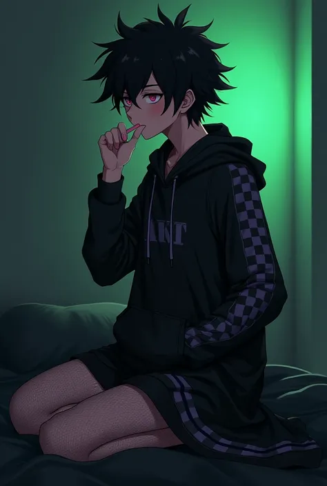  Boku no hero Academia,  semi-realistic style , young man, good physique,  delicate features , [black hair with pink  , ojos rosados], femboy, Delicate features blushing , Evening,  on a bed of black sheets room in dark colors and green LED light, ( wears ...