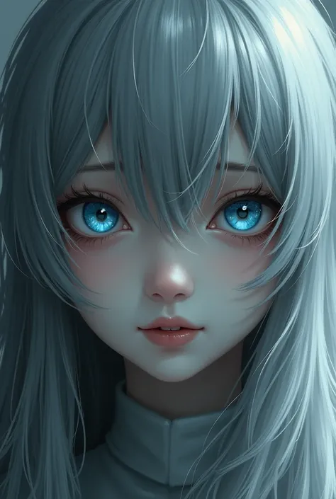 face close up, girl with long grey hair, light sad smile, eyes of different colours one blue, second cloudy white, both eyes glassy, emotion of sadness and despair