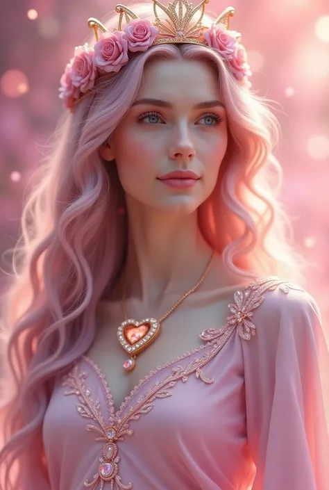 A huner-roalictic closecun of a love Goddess. radiating an aura ar romance and warmth. She stands gracefully in a soft, ethereal pink
enhances her natural beauty, and her lips are softly curved in a tender
smile, inviting trust and aftectior
Her eves are m...