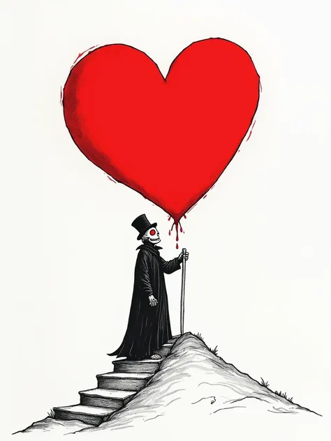 A large bright red heart is drawn on a pure white mount. (The heart is alive and beating loudly: 1.2), below which are steps drawn in ink. A skeleton man climbs towards the heart. Top hat, cane, and cloak. When you have a big heart in your hands. The eyes ...