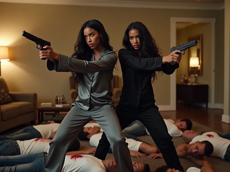 two beautiful sexy brave, young black women,scared, action pose, legs in wide stance, looking off to the side, (one black woman with long strait black hair, one black woman with wavy hair, ), wearing solid color shiny long sleeve satin pajamas,(one charcoa...