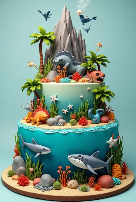 Birthday cake with whales, sharks, fishes and ocean world on the bottom part and dinosaurs on the top part