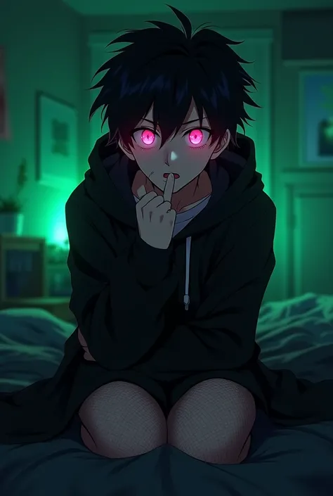  Boku no hero Academia,  semi-realistic style , young man, good physique,  delicate features , [black hair with pink  , ojos rosados], femboy, Delicate features blushing , Evening,  design on a bed of black sheets dark colored room with green LED light, (W...