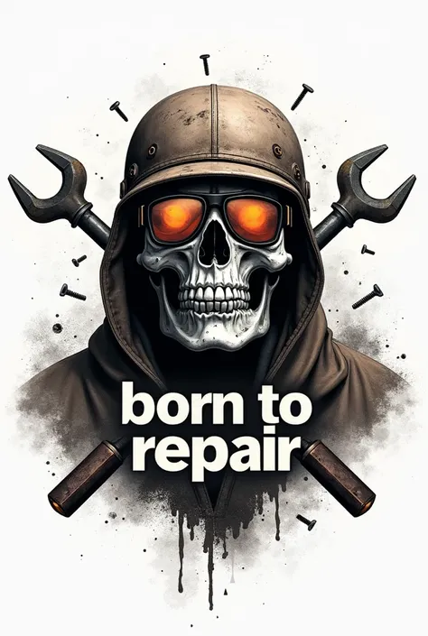 Create a detailed illustration of a skull wearing safety goggles and a mechanic’s helmet on a white background. In the background, two crossed screwdrivers form a symbol of strength. Add textures of grease and scattered screws, with the words“Born to Repai...