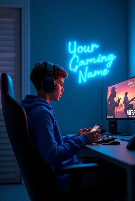 Create A 3D Realistic image of a Boy sitting in gaming room on gaming chair and playing on Free Fire application on his mobile . Gaming in his mobile so consistensy The boy must wear blue hoodie headphones And his name "your gaming name" is Written on the ...