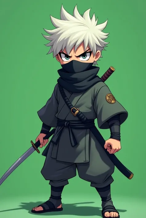 " A ninja character with short and messy white hair ,  intense eyes with a cold and determined look . He wears traditional ninja clothing in shades of dark gray.,  with details in bands and light armor ,  ideal for agility .  His posture is serious and rea...