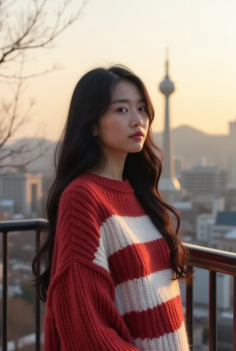 Stylish photography, Cityscape of Seoul, N Seoul Tower in background, young woman on balcony, cozy oversized striped sweater, red and white knit, long black hair, warm autumn light, urban fashion, city view, metal railing, photorealistic, golden hour, soft...