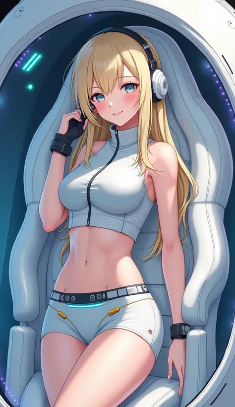 Detailed anime illustration, pixiv style,anime love-live style, zero gravity space. Woman dressed in white spaceship high-tech capsule, cold sleep device. Japanese woman, blonde long hair, blush,shy,wearing futuristic underwear with biosensors and circuit ...