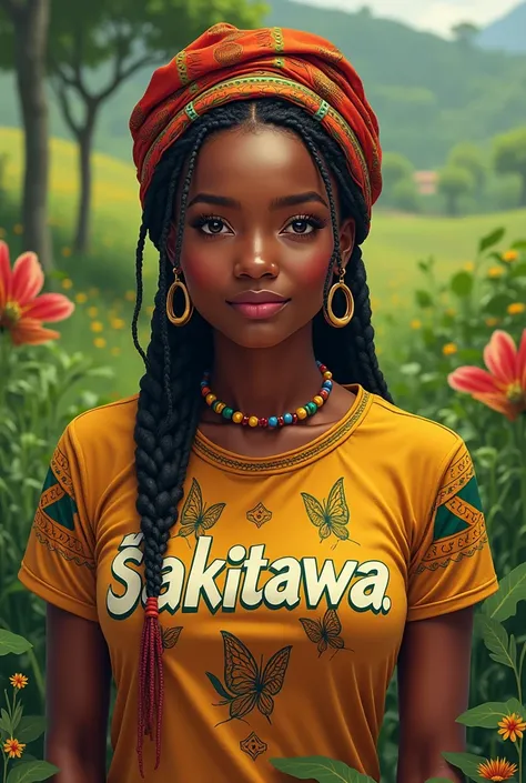 Generate a ethiopian women wearing a t-shirt that says sakitawa