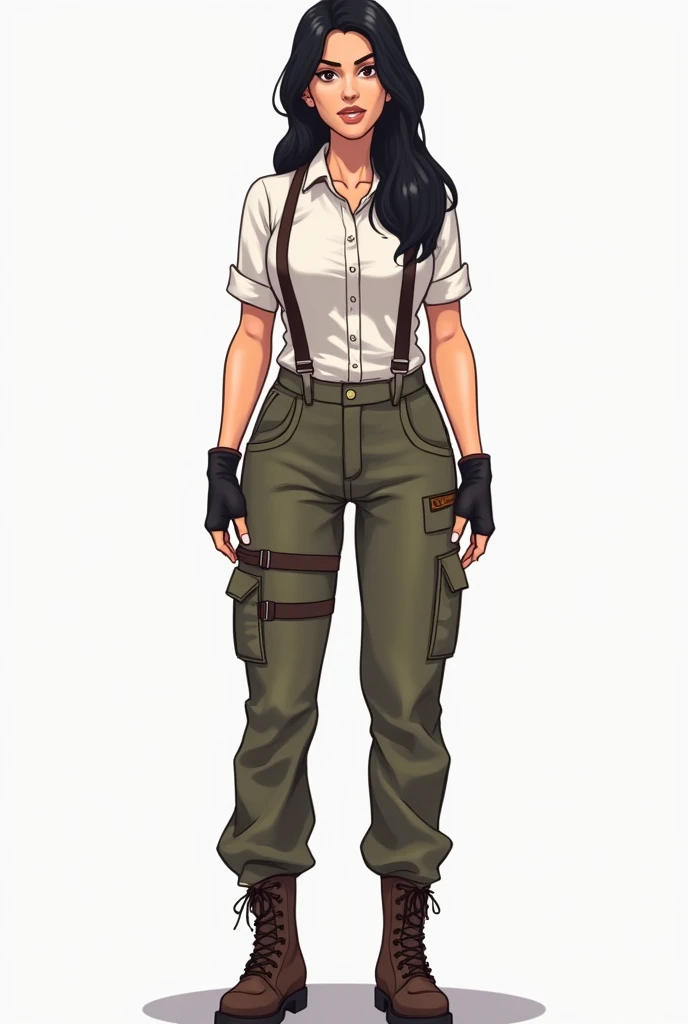 Adult woman, with a tall stature, long black hair, arms with well-defined muscles, well-defined legs, wearing cargo pants, a shirt with rolled-up sleeves, gloves with the fingertips exposed, suspenders, and short-heeled boots. Front-facing image, full body...