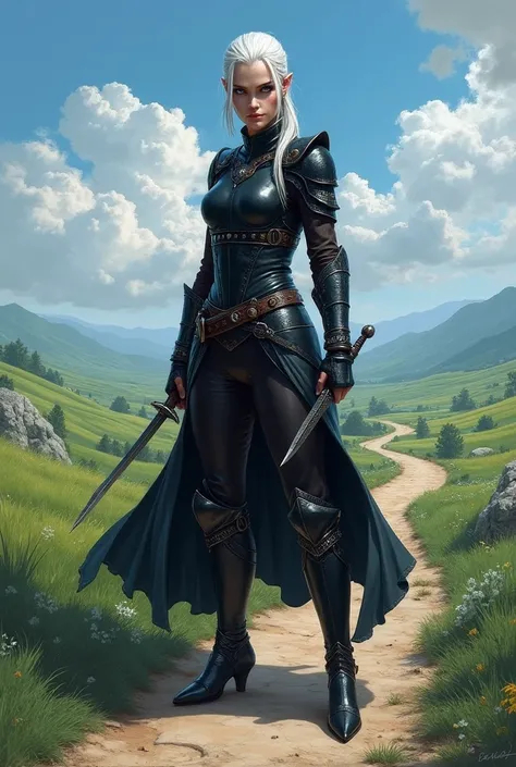 In RPG style, in style of Dungeons & Dragons, in style of fantasy painting. Full body view, looking at the viewer. image of a female drow, dark elf rogue with dagger, dark leather armor with silver elements, dark pants and dark high leather boots. Grey ski...