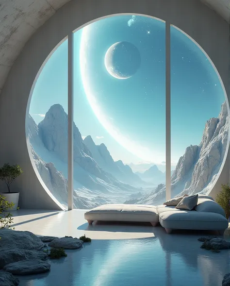 view of a floating futuristic room with organic windows Seeing a planetary alignment.