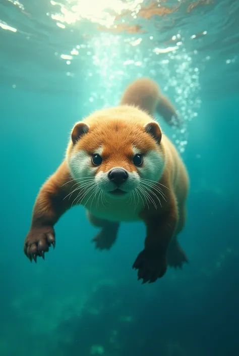 Can you crrate a mix of a sea otter and a honey badger but make it swimming towards the camera 