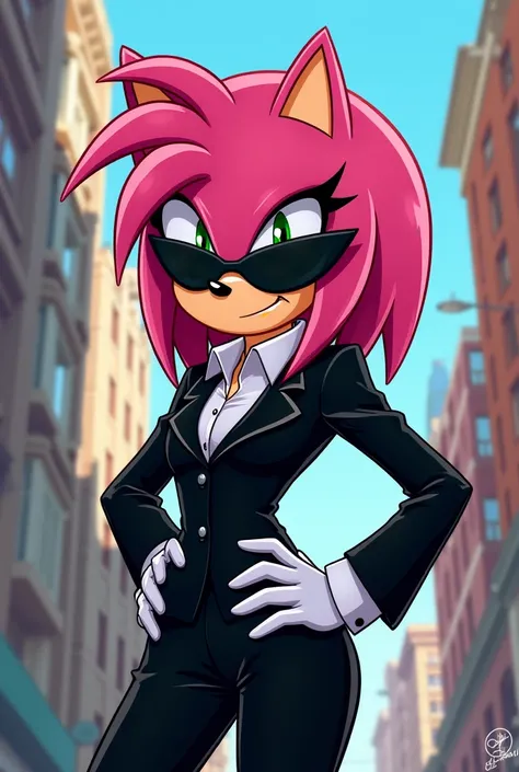 Amy Rose the hedgehog wearing black suit and sunglasses. Drawn in Sonic cartoon style.