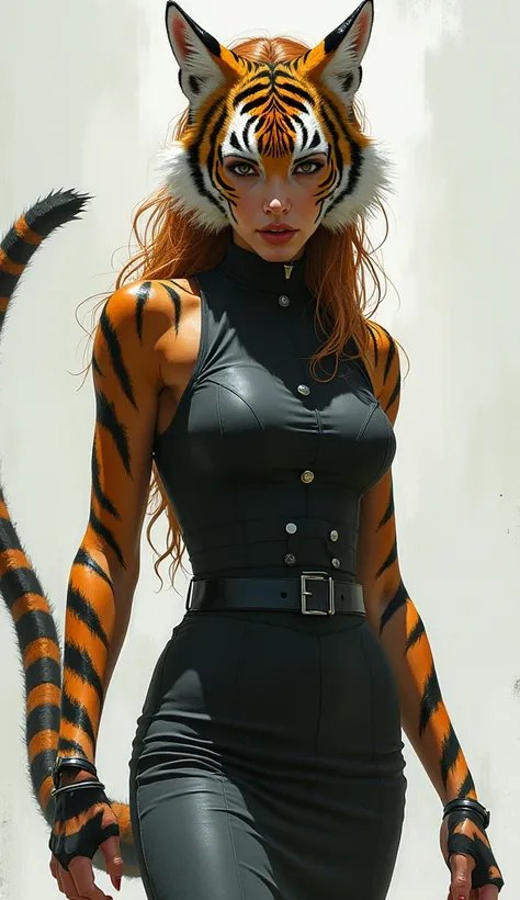 woman with tiger tail and tiger ears as well as with claws wearing military dress.