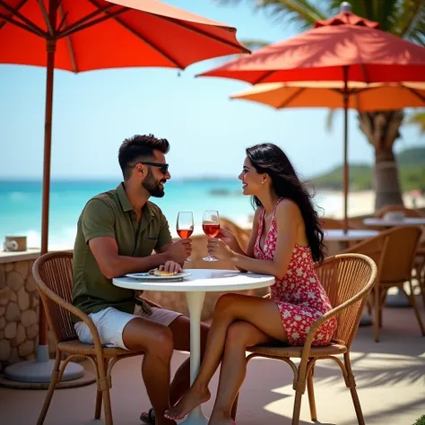 Of course.  here is a description of the image :

 The image shows an attractive couple sitting at a small outdoor table in a restaurant next to the beach.  The man is sitting in a chair y has one arm around the woman .  He is wearing an olive green shirt ...