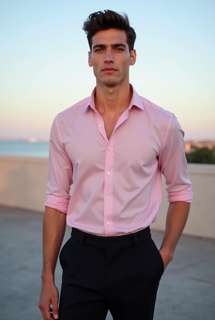 Young attractive tall and athletic dark brown hair black dress pants. pastel pink  button shirt. Blueeyes.  clear sky , Evening. 