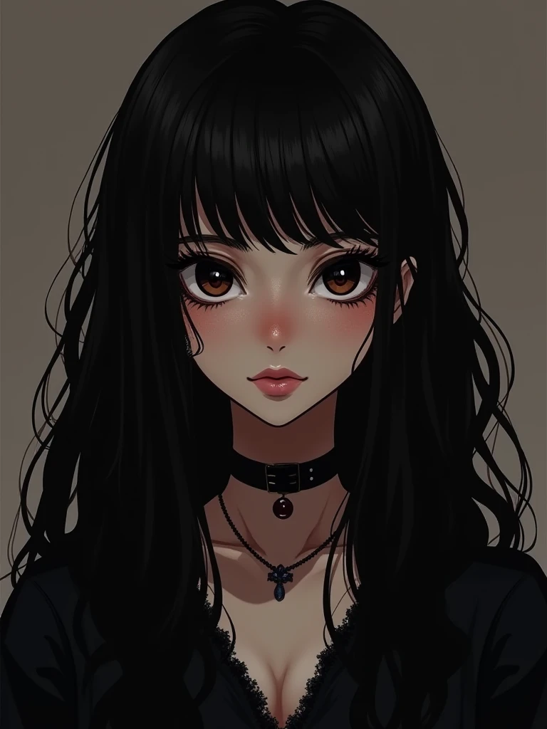  a goth girl who has dark brown eyes, almost black,  with long, thick eyelashes that frame them perfectly .  Her face is oval with slight freckles scattered across her nose and cheekbones,  her marked jaw and her thick, fleshy lips ,  Her hair is long and ...