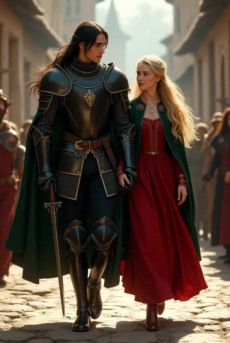 Long-haired young knight in black armor walking with a young blonde in a dark green cape utilizando o gorro and underneath a red dress strolling in the medieval kingdom with people around