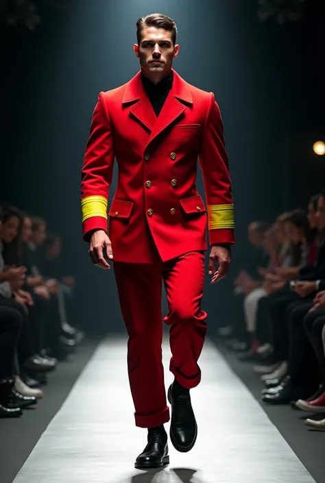 Create a tall model man walking the runway in fireman's clothing