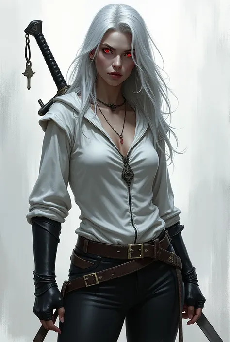 The image is a digital artwork featuring a fantasy elf character with a strong, confident stance. The character is a dark elf woman with long flowing silver hair and gray skin. She is wearing a tight medieval white shirt with a deep neckline and a hood tha...