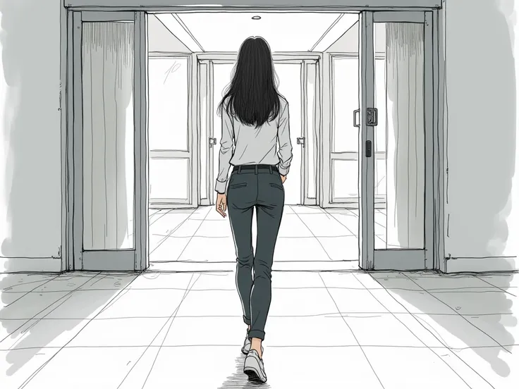 a girl with long hair with bangs wearing an office shirt and trousers stood entering the company door, towards the front, long distance, manga sketch style
