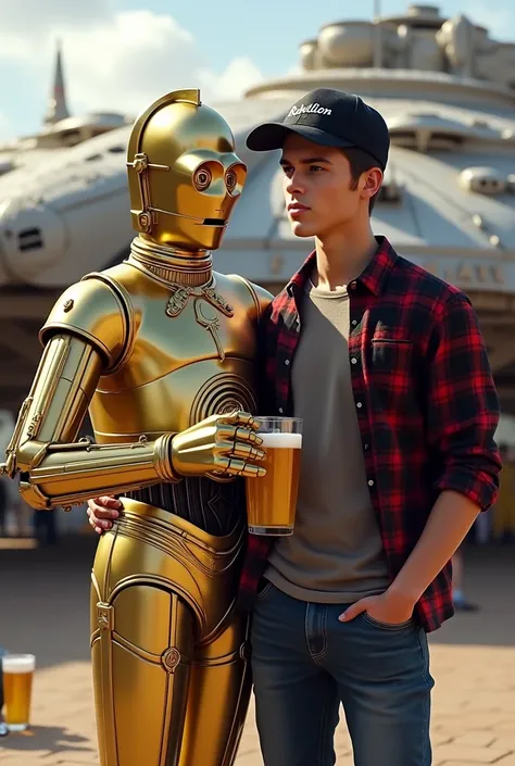 Medium size white young American male wearing black and Red Checker board shirt with jeans and Black Baseball cap with the words Rebellion on it standing next to C3P0 holding a pint of Beer with the Melinium falcon in the background with George Lucas