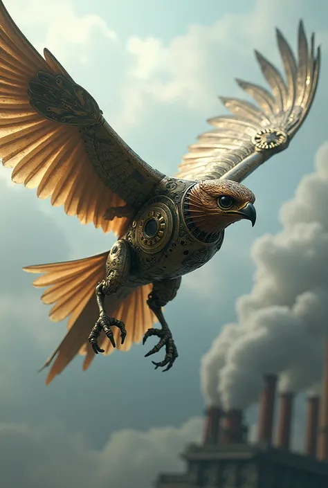 A fantasy-style robotic falcon/steampunk, with a more robotic than real look