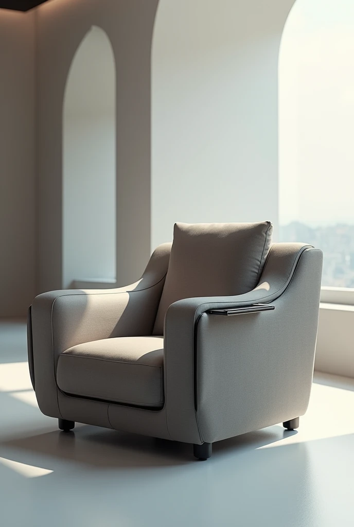 An armchair with wheels and on the right arm has a small screen to be able to move