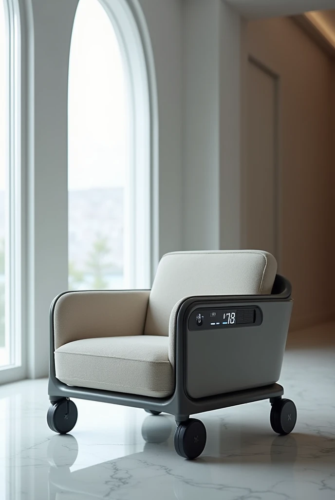 An armchair with wheels and on the right arm has a small screen to be able to move