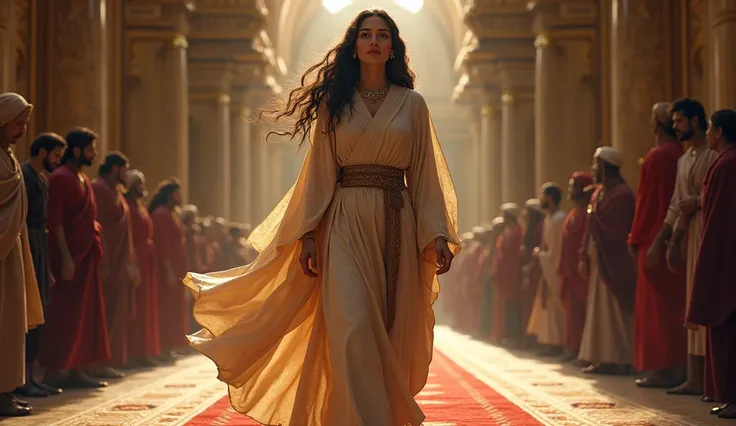 follows a hebrew Esther as she walks purposefully toward the throne room