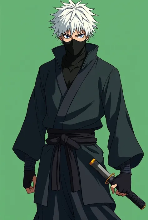 " A ninja character of 1 ,85 m high,  edition with short and messy white hair ,  intense eyes with a cold and determined look . . He wears traditional ninja clothes totally black ,  with details in bands adjusted to the body to ensure agility and discretio...