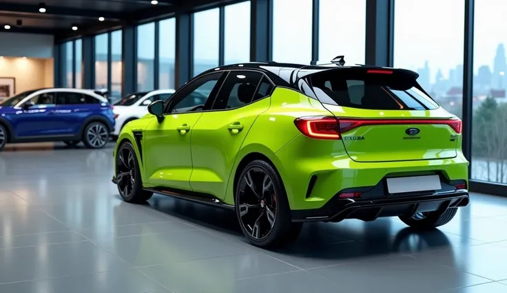 "Create a side-rear view of a modern compact hatchback car in a showroom setting. The car has a sleek lime green body with a glossy black roof. It features sharp tail lights with a bold red glow, stylish dual-tone alloy wheels, and smooth aerodynamic curve...