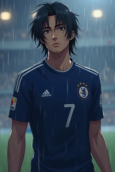 A strong slim fifa footballer  , full hand Navy blue jersey , 7 number , long black hair, sad looking, ,  age , in rain . anime,  name in right chest RAHAD .  Small beard . Cute looking . Full hand jersey 