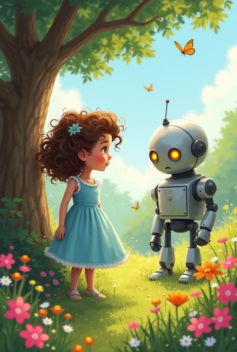 A girl with curly brown hair, wearing a light blue dress, stands in a garden full of colorful flowers and trees. She is looking curiously at a small metallic robot with flashing lights in its eyes and a funny antenna. The robot is partially hidden behind a...