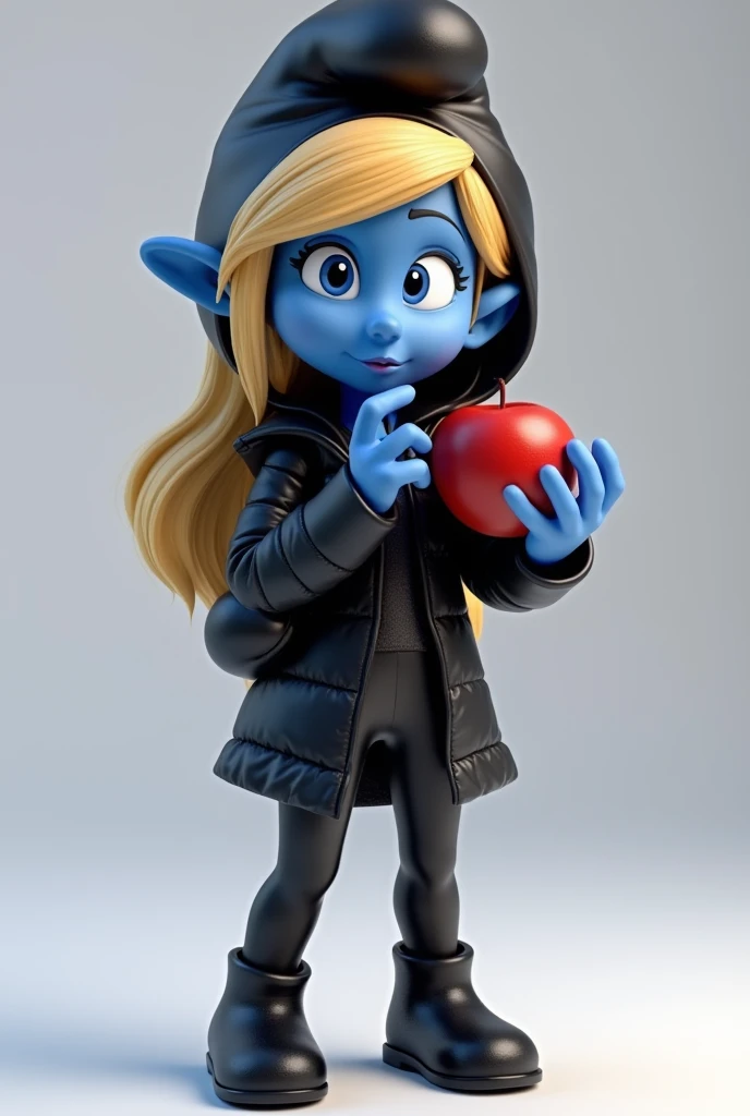 Smurfette wearing black jacket and leggings, eating an apple. Drawn in 3d style