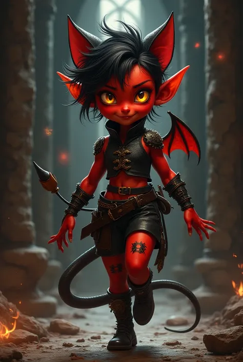  A demonic of the Impsar ,  of a small but agile figure ,  with bright red skin that exudes a cunning and mischievous aura .  Her eyes are intense yellow ,  with feline pupils that flash intelligence and malice .  His hair is short and messy ,  of deep bla...