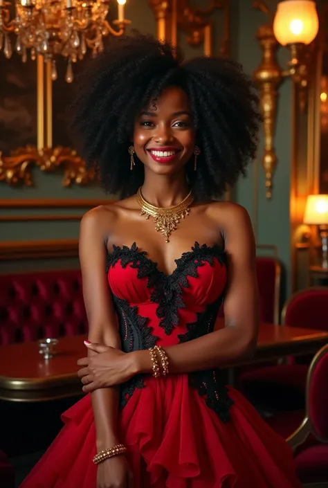 A young black woman with curly hair dressed in a red dress with black and gold details, ruffled and laced ,  adorned with gold jewels  . Scenario: a luxurious cabaret. she has.a youthful smile 