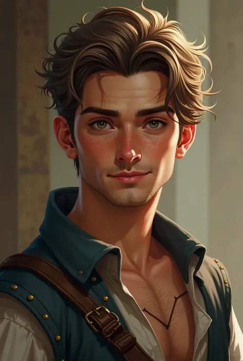 Portrait of a handsome, charming, cute, smirking, confident, 23 year old man with light brown hair, stubble, grey eyes, tan skin, freckles, deeply cut medieval shirt, medieval clothes, thief, fantasy art, concept art, illustration