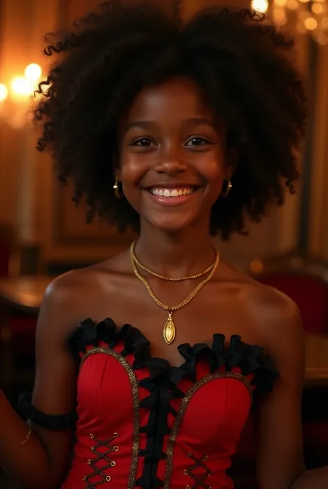 A young black girl with dark skin and frizzy hair dressed in a red dress with black and gold details, ruffled and laced ,  adorned with gold jewels  . Scenario: a luxurious cabaret. she has.a youthful smile 