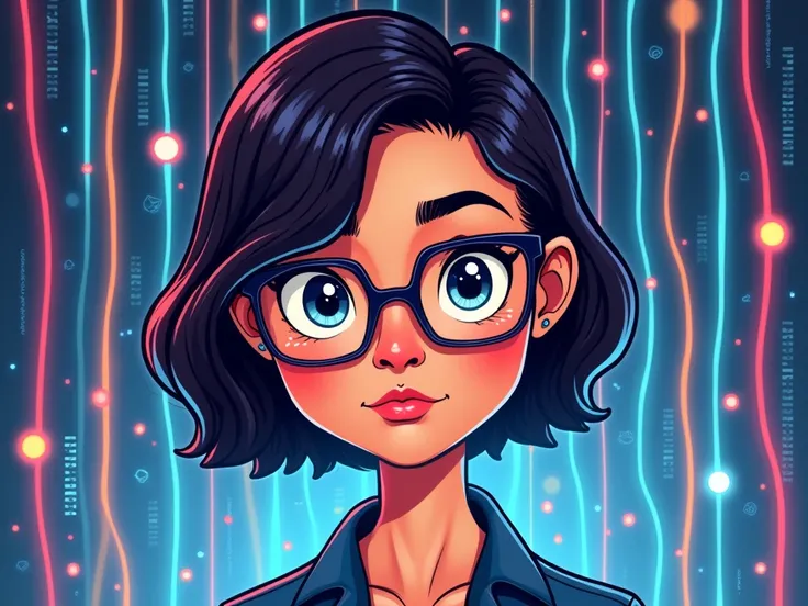 Super realistic image. Girl in glasses on the background of the data stream. On a white background. Vector format, cartoon style. Front view