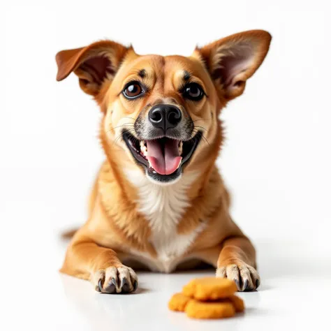  white background. Happy and smiling dog eating sweet potato cookies 