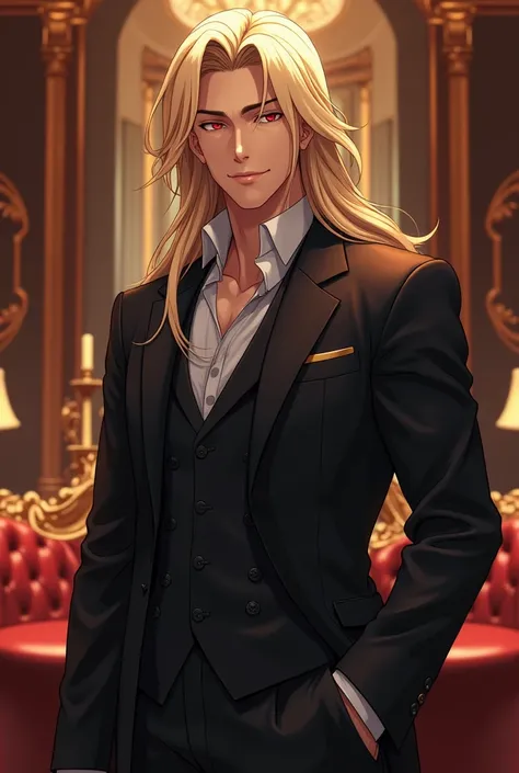 anime style man,Beautiful、  long blond hair in a gorgeous building ,  red eyes, Ambitious Smile ,  Black Luxury Suit ,  40 years old luxury office