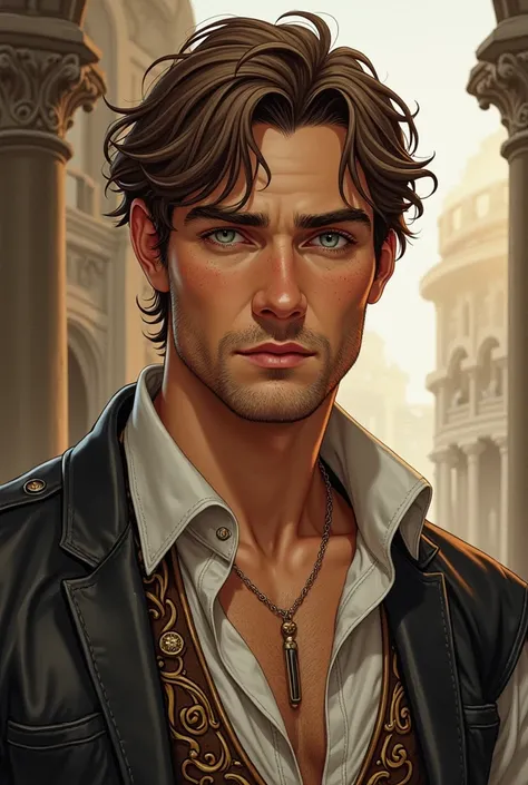 Portrait of a handsome, charming, cute, confident, 25 year old man with light brown hair, stubble, grey eyes, tan skin, freckles, deeply cut medieval shirt, medieval clothes, illustration, Flynn Rider