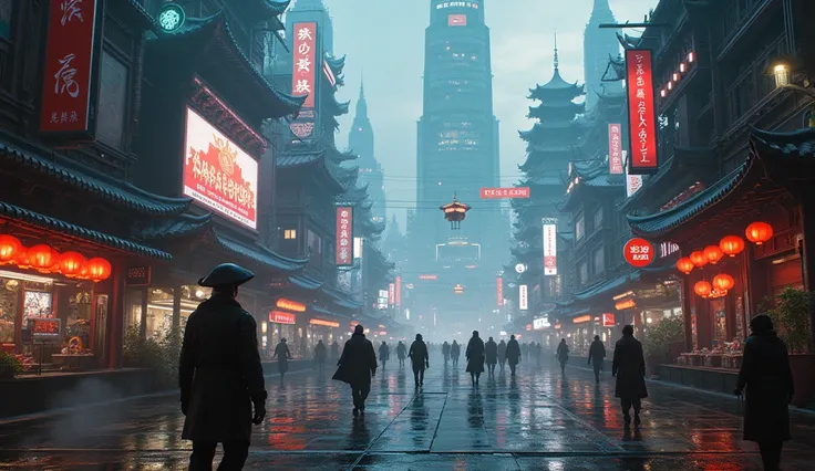 matte painting of a sci-fi cyberpunk dystopian city with Chinese culture and architecture