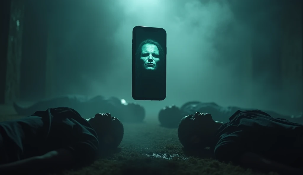 A mysterious smartphone floating in mid-air with an eerie, glowing face on its screen. The phone has a dark, supernatural design, emitting an unsettling aura. The background features several people lying down as if they have been affected by the phone’s st...