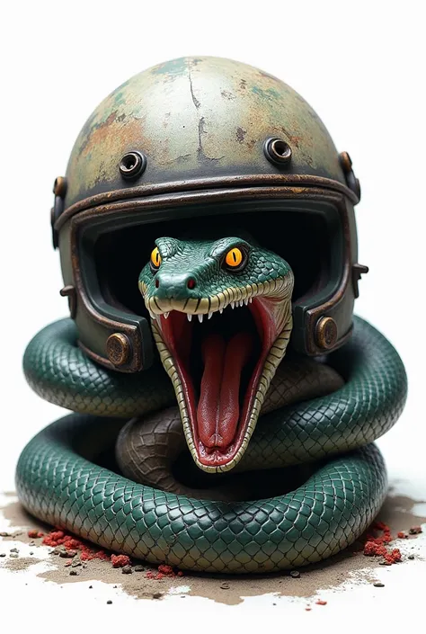 Create a detailed scaled snake wrapped around a motorcycle helmet on a white background. The snake has exposed fangs and glowing eyes. The helmet is scratched and worn, and the words "Venomous Journey" are written in a twisting, venomous typeface.