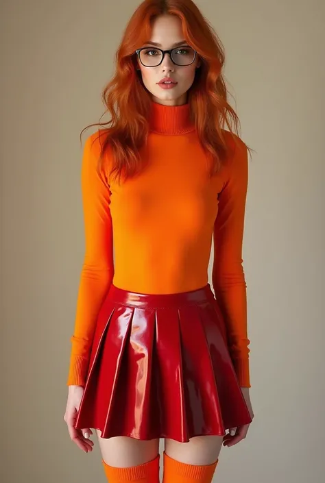 DV_Manuela_Vicious, (skinny, slim, petite:1.3), ginger hair, (l4t3xv3lm4:1.3), orange thighhighs, long sleeves, latex, pleated skirt, glasses, (red skirt), orange latex sweater, (full body shot), modern photo, (35mm, F/2.8) Photo Focus, DOF, Aperture, insa...