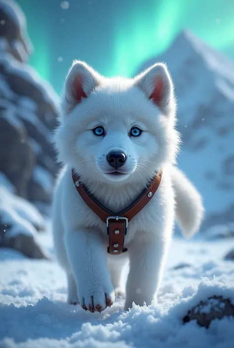 "A hyper-realistic wolf pup with thick, snow-white fur and faint blue-gray undertones that glisten under the aurora borealis. His fur is ruffled from rolling in the snow, and his piercing icy-blue eyes sparkle with joy and mischief. He wears a small, pract...